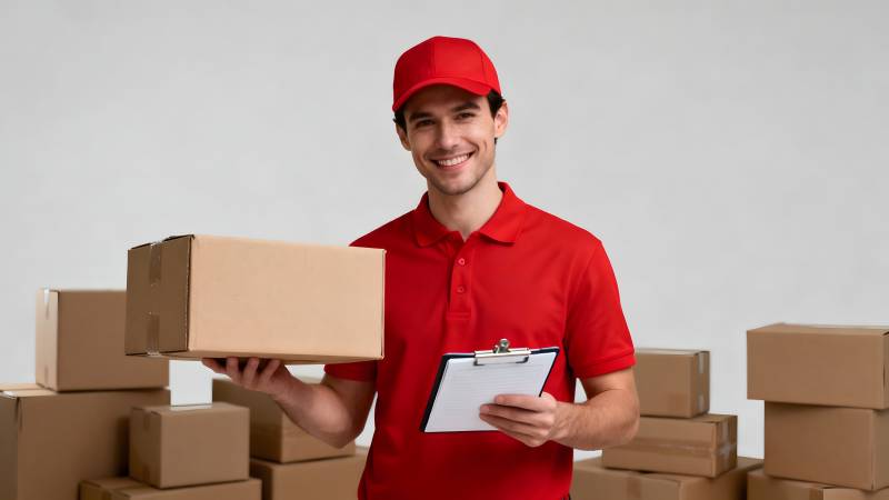 快递员微笑送包裹图片