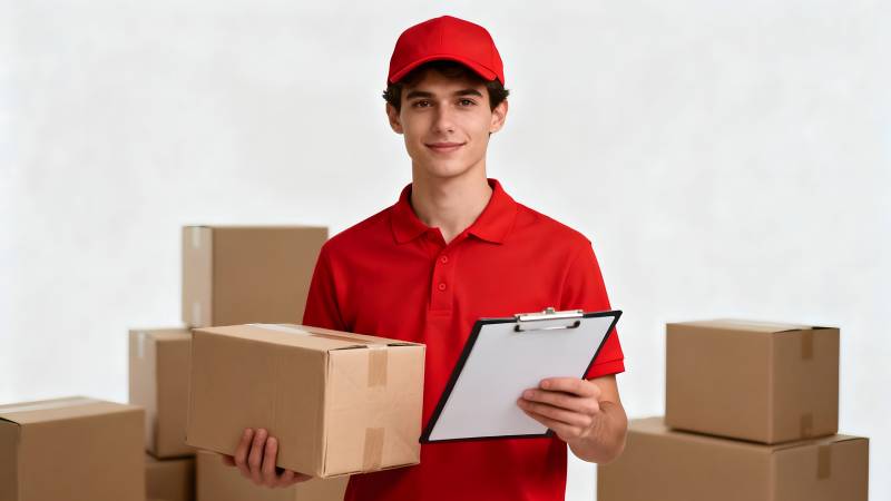 快递员送货上门图片