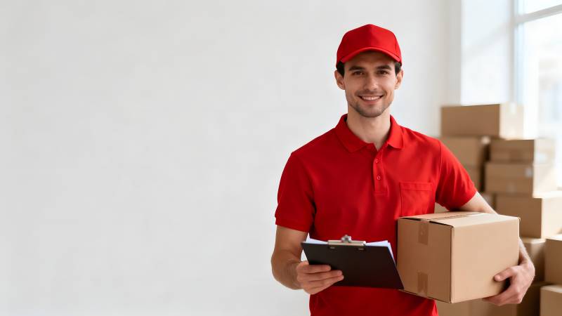 快递员微笑送包裹图片