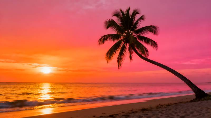 夕阳下的椰树剪影图片