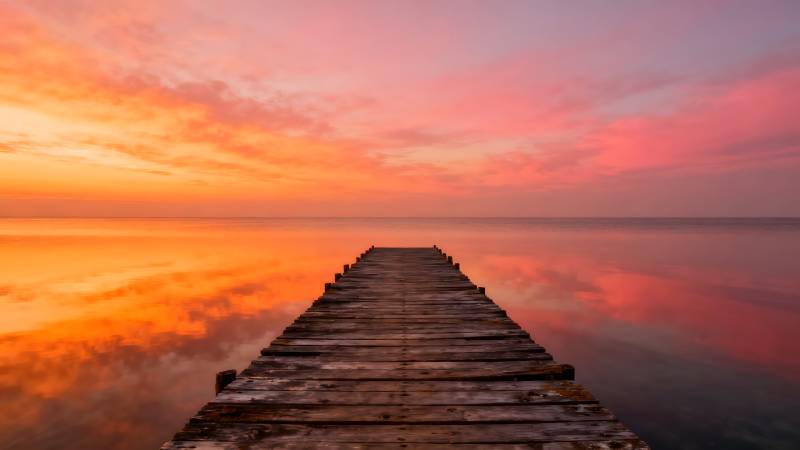 夕阳下的木栈道图片