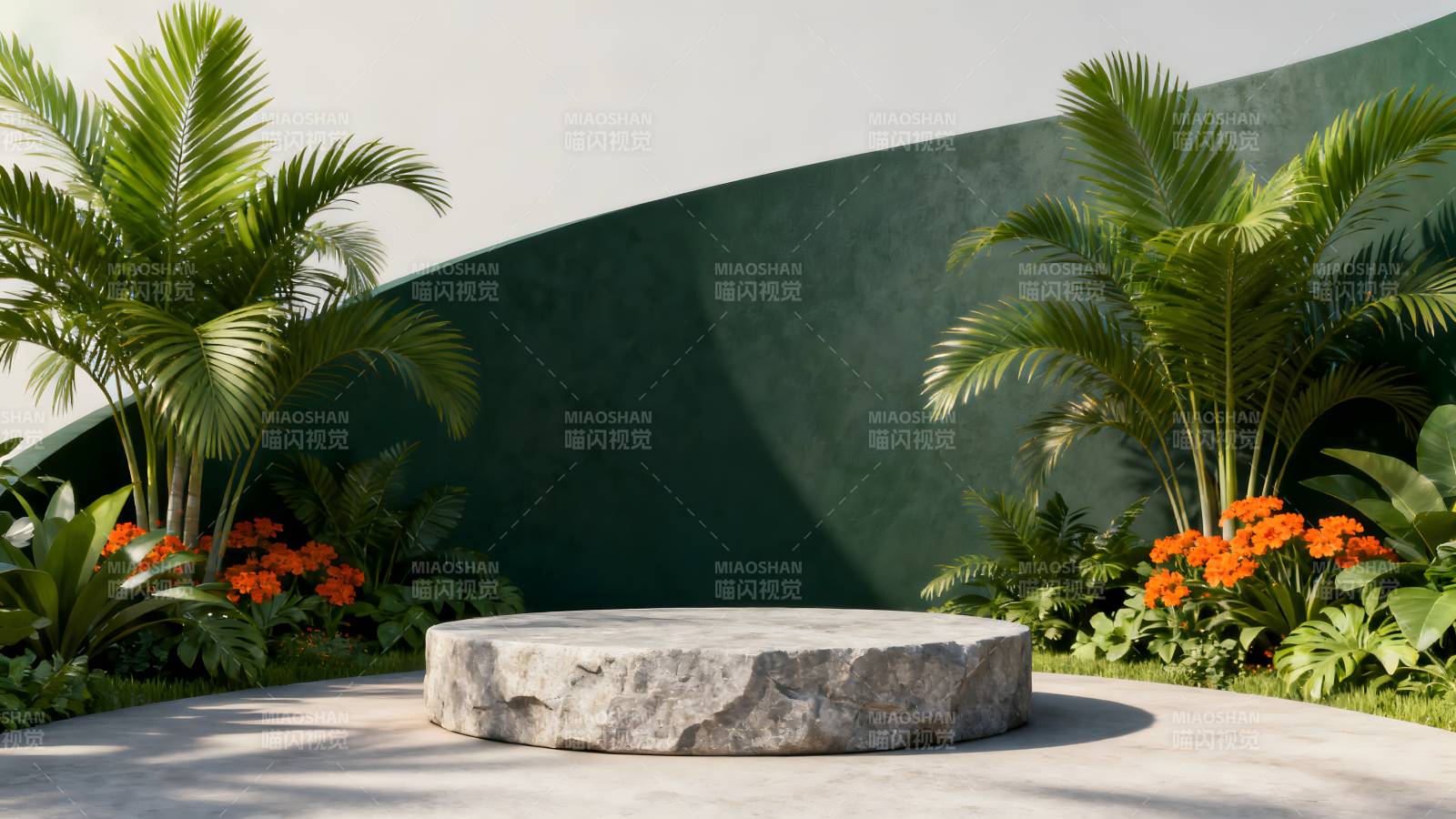 绿植环绕的石台图片