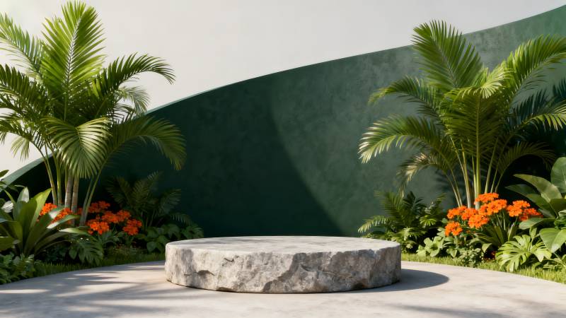 绿植环绕的石台图片