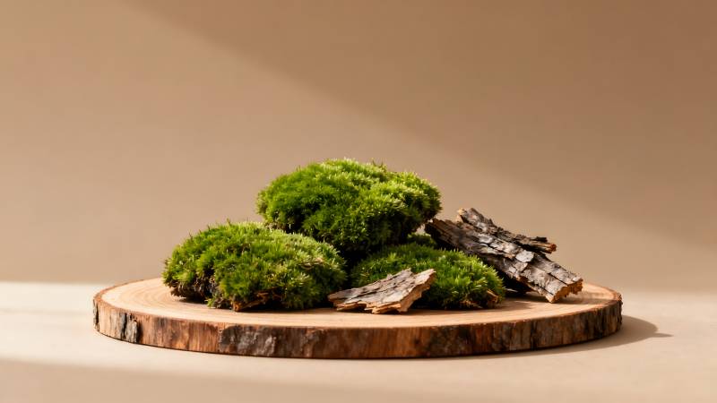 青苔木片静物图片