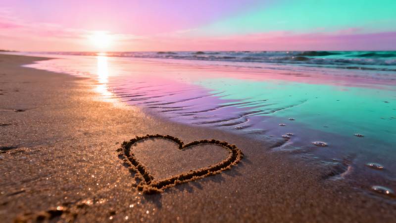 沙滩心形日落图片