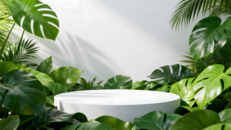 绿植环绕的白色展台图片