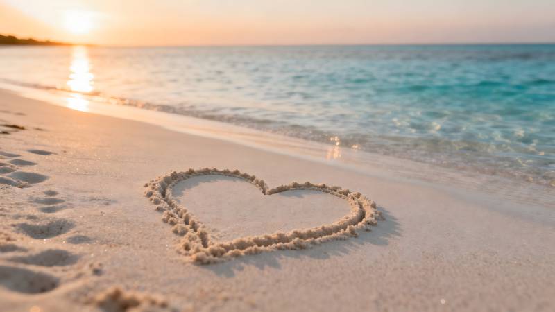 沙滩心形 夕阳海景图片