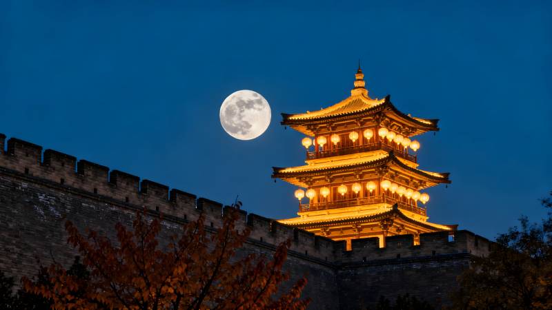 月下古塔夜景图片