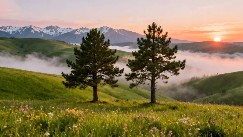 晨雾山间松影图片