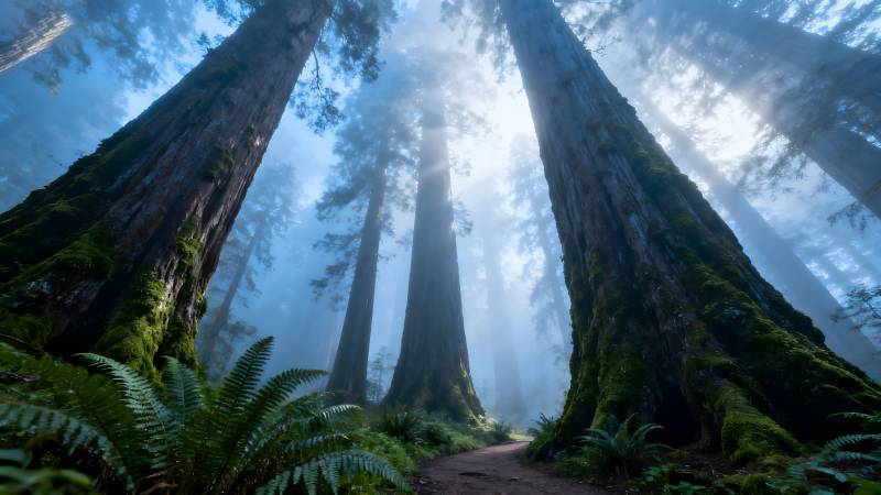 晨雾中的巨木森林图片