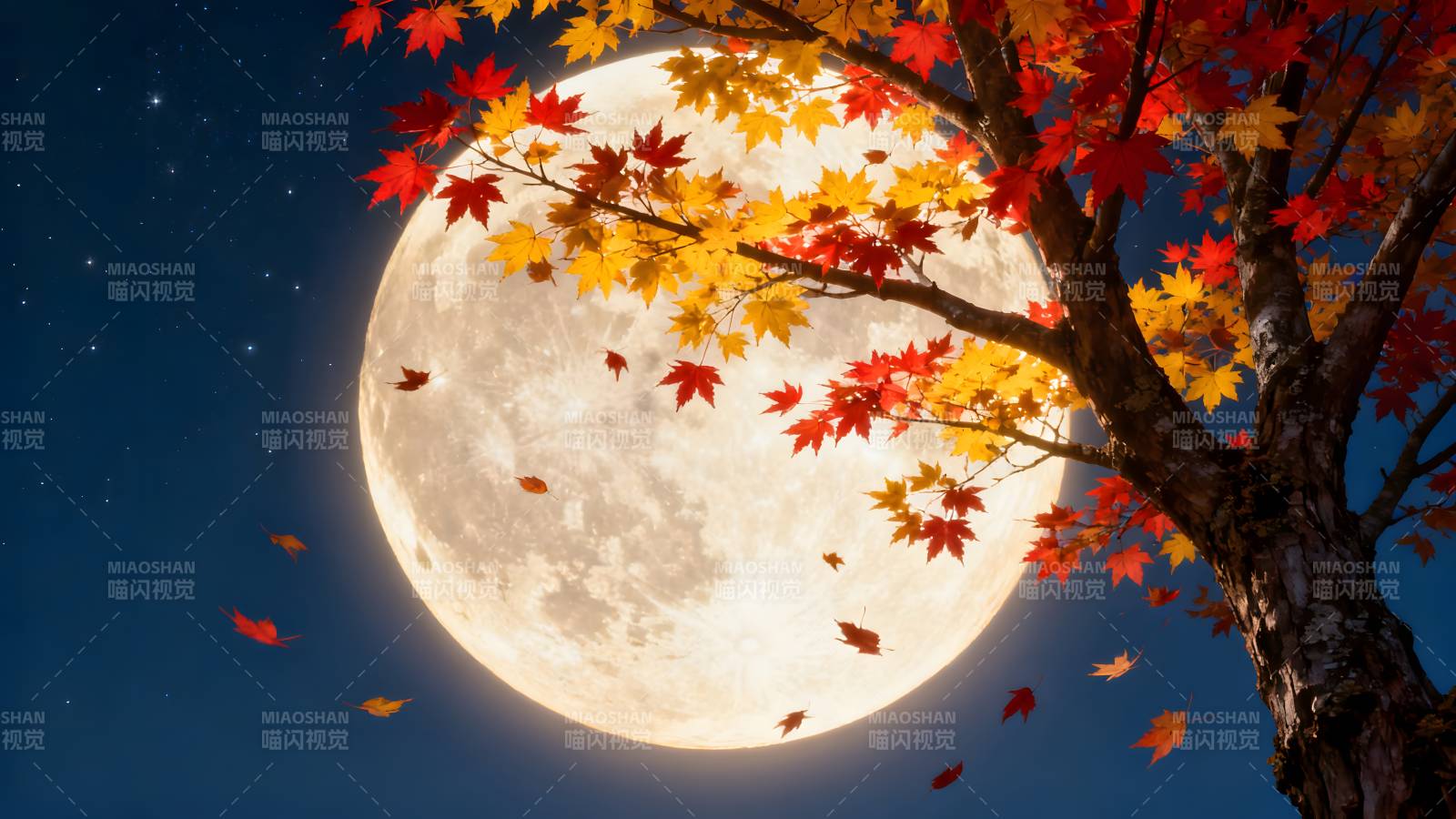 秋叶映月夜图片