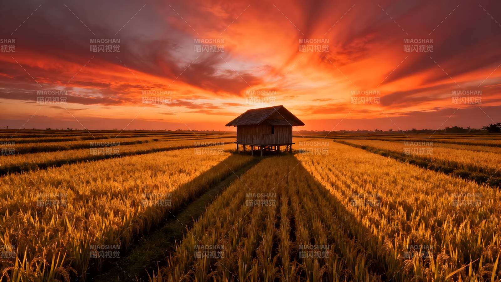 稻田夕阳小屋图片