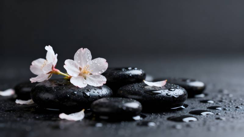 樱花石上水珠图片