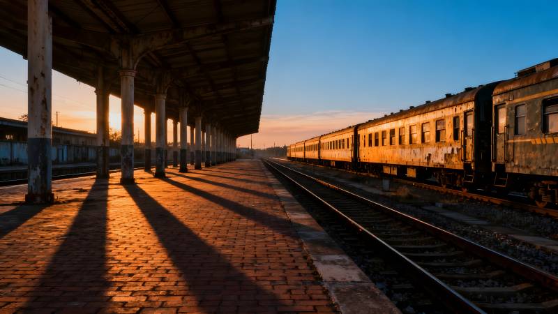 夕阳下的火车站图片