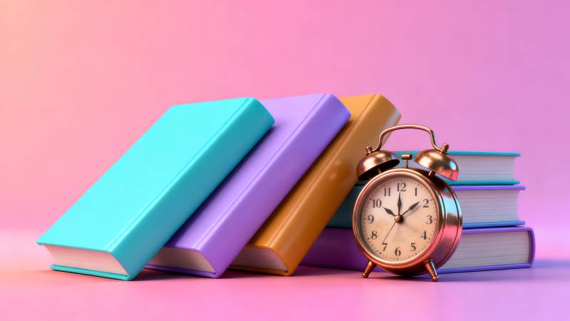 书本与闹钟静物图片