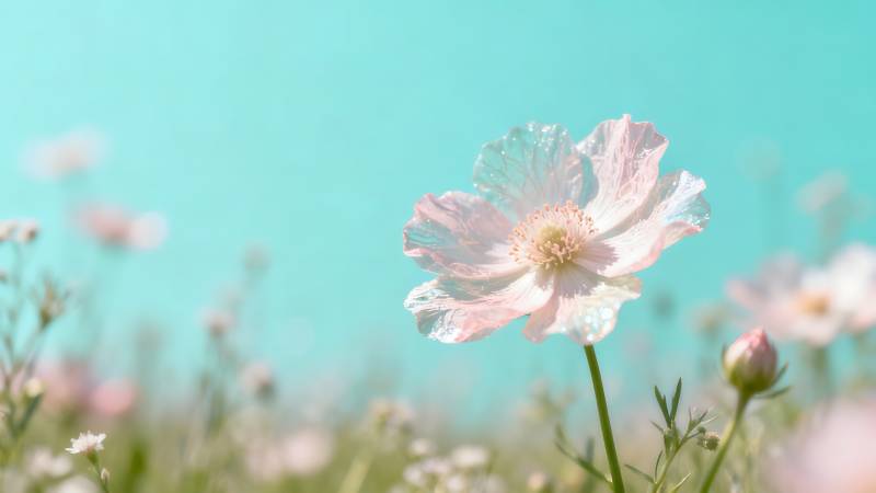 粉花轻舞碧空下图片