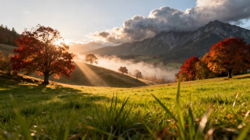 秋日山野晨光图片