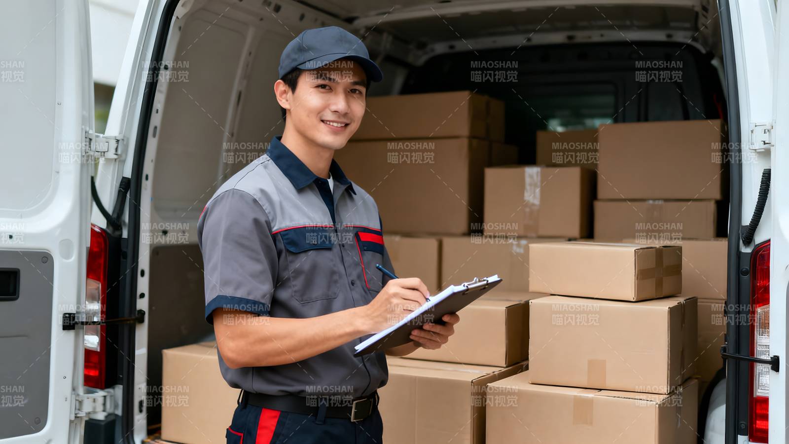 快递员微笑送包裹图片