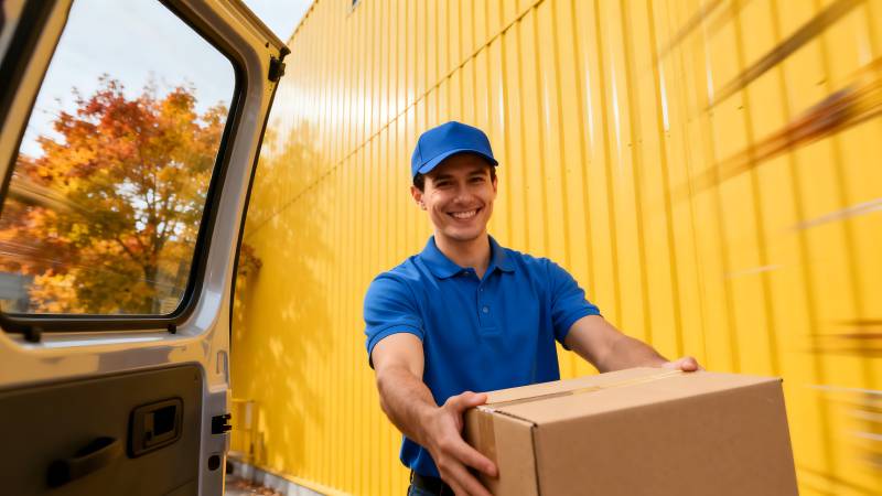 快递员微笑递包裹图片