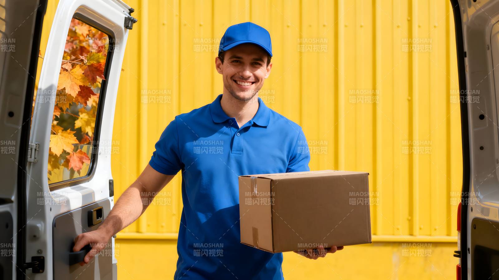 快递员微笑送包裹图片