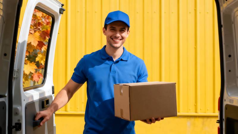 快递员微笑送包裹图片