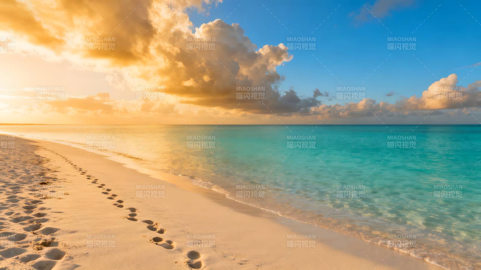 夕阳沙滩足迹图片