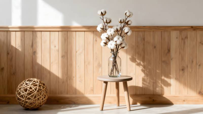 棉枝静物 光影木墙图片