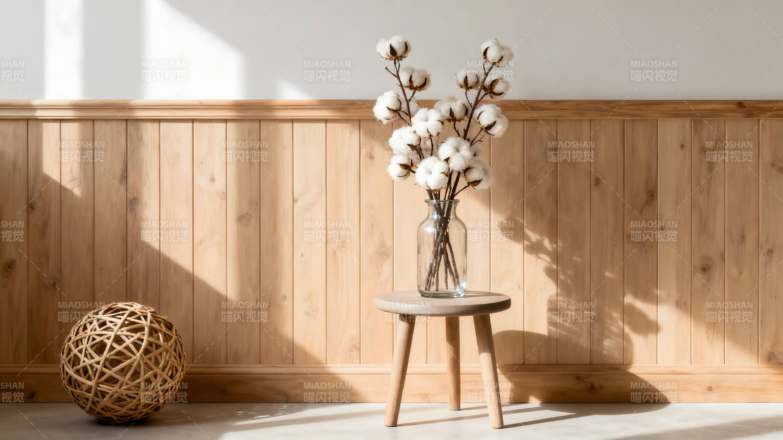 棉枝静物 光影木墙图片