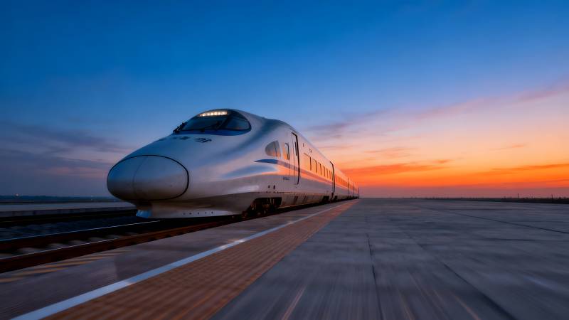 高铁疾驰日落时图片