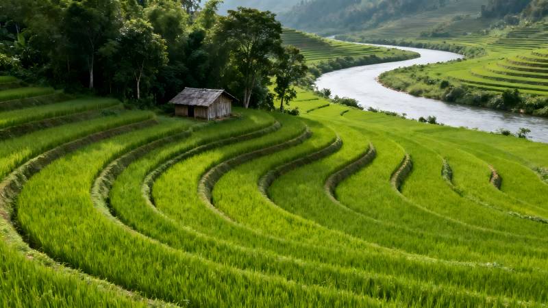 梯田绿意绕溪流图片