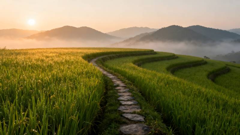 梯田晨曦小径图片