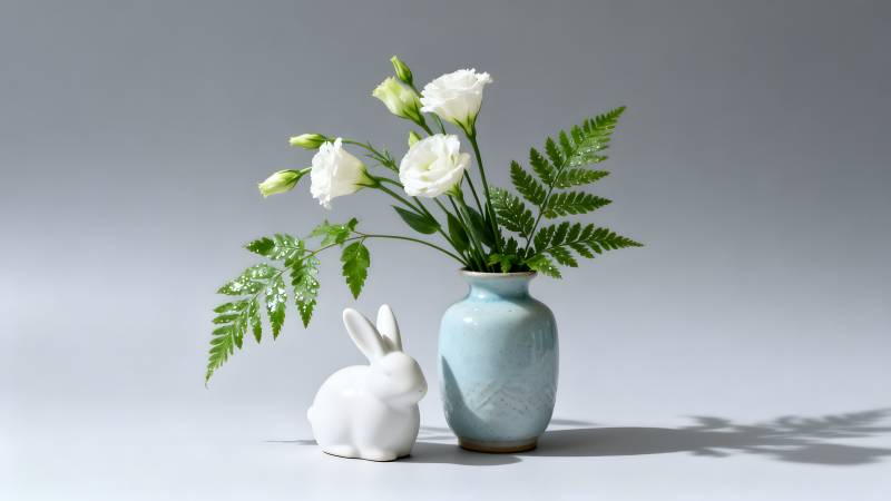 白兔伴花静谧美图片