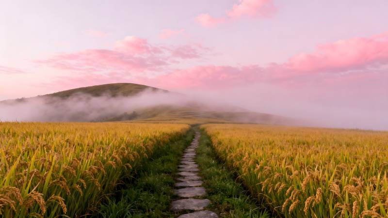 雾霭稻田小径图片