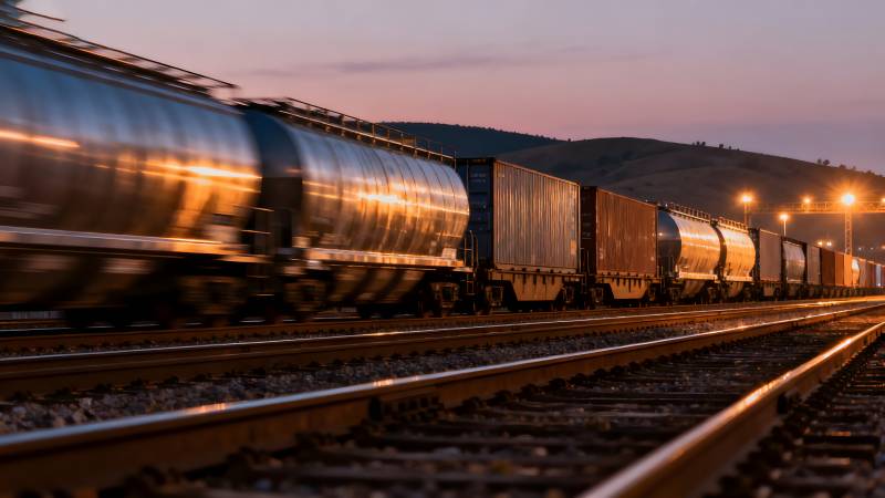 黄昏铁轨上的货运列车图片