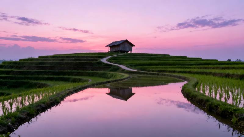梯田夕照映小屋图片