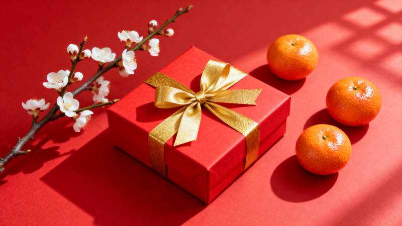 红礼盒与金桔静物图片