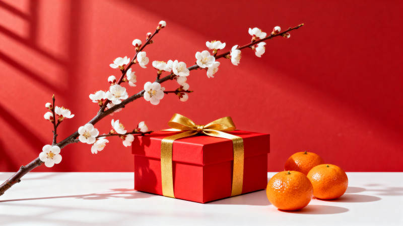 红礼盒与梅花橙果图片
