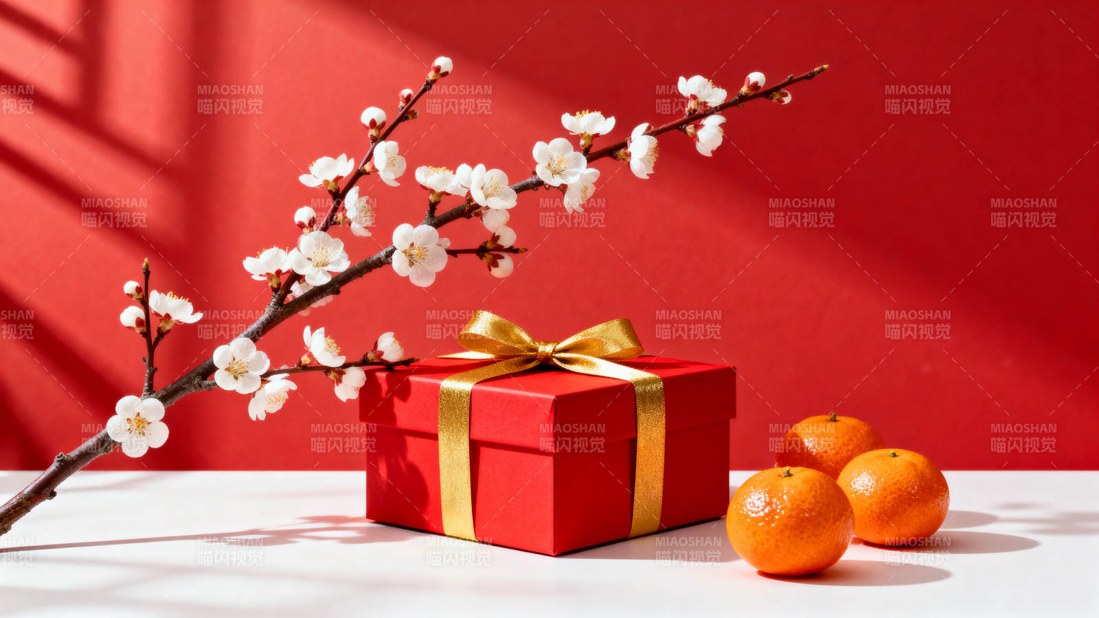 红礼盒与梅花橙果图片