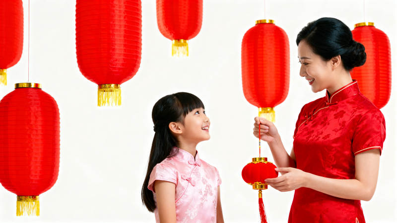 母女共赏红灯笼图片
