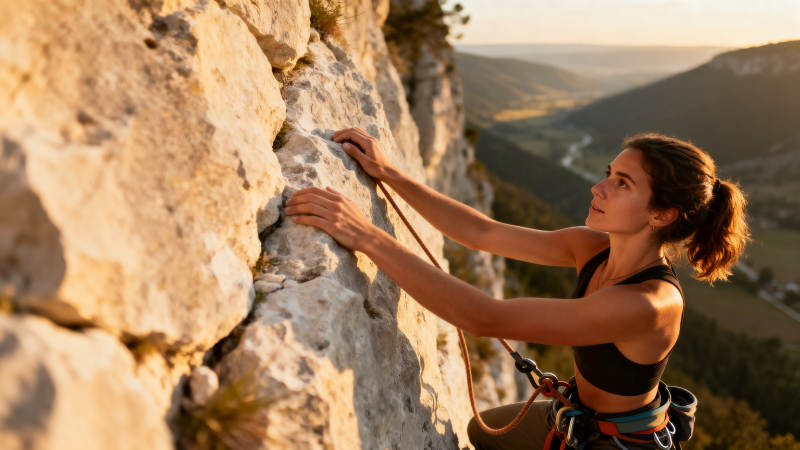 攀岩少女征服峭壁图片