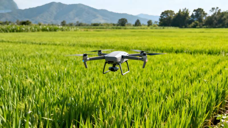 无人机飞越稻田图片