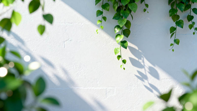 绿叶映墙影图片