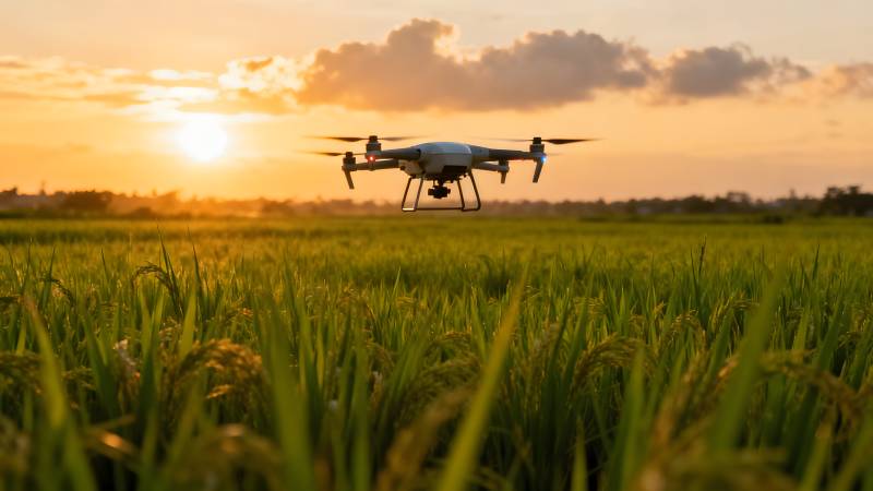 无人机稻田日落图片