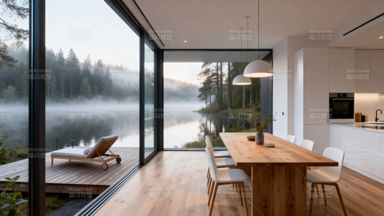 湖畔现代厨房美景图片