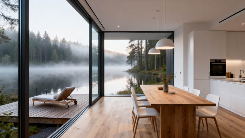 湖畔现代厨房美景图片