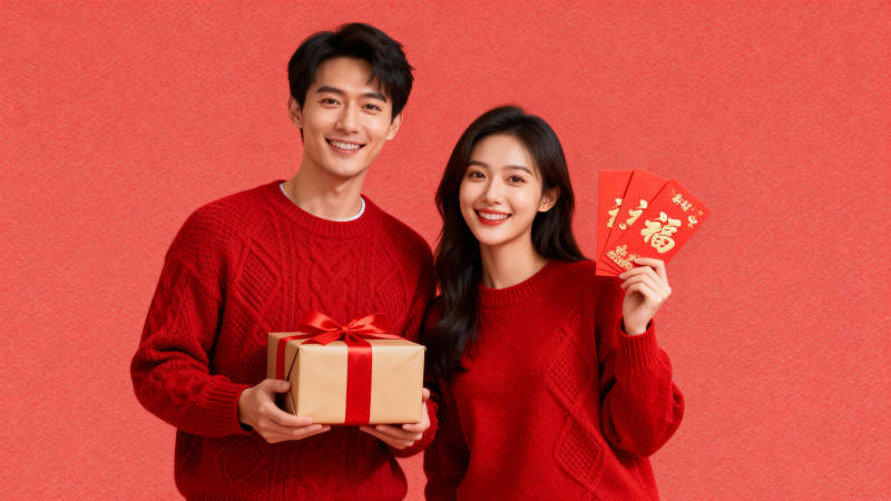 红衣情侣迎新春图片