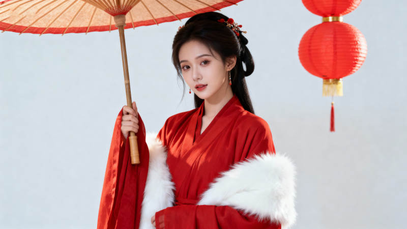 红衣女子持伞赏灯图片