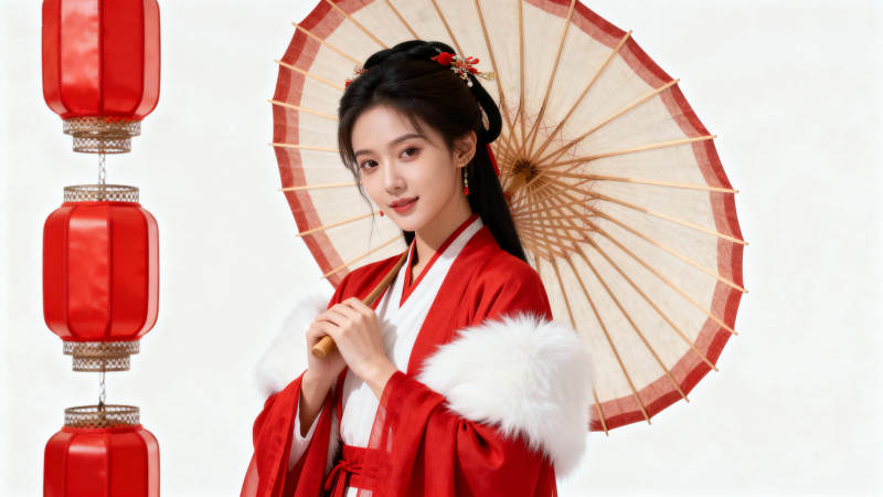 红衣女子持伞赏灯图片