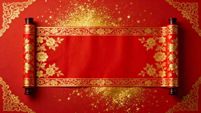 红金卷轴迎新春图片