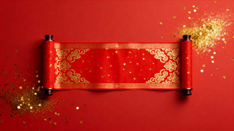 红金卷轴迎新春图片